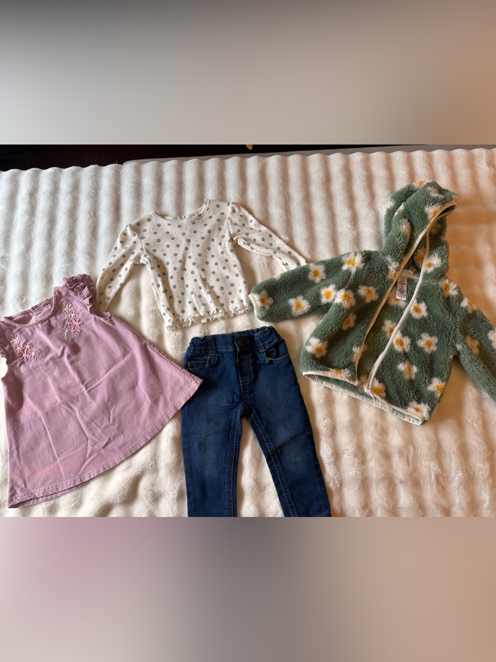 12 Month Girl Fall Clothing Bundle—Blue Jeans, Flower Shirt and Jacket & Dress